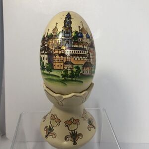 Russian porcelain Egg With Stand Handpainted  beige Gold 6x4”